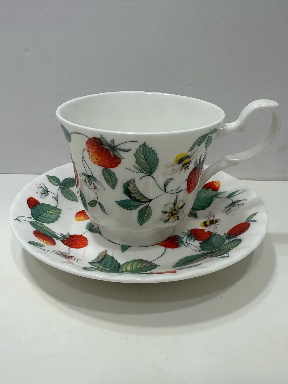 Alpine Strawberry, Flower, Bee, Roy Kirkham England Tea Cup & Saucer Fine china
